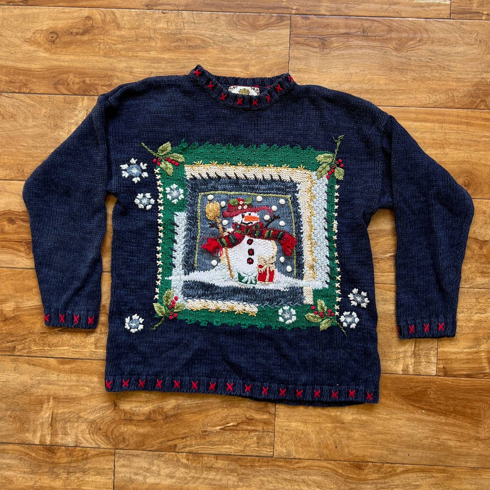 VINTAGE TIARA CHRISTMAS SNOWMAN EMBROIDERED PULLOVER CREWNECK SWEATER SZ L